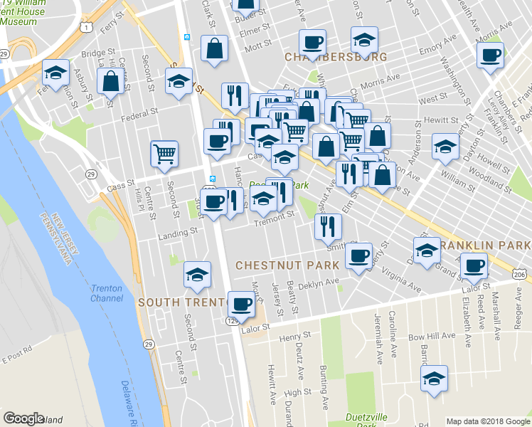 map of restaurants, bars, coffee shops, grocery stores, and more near 619 Beatty Street in Trenton