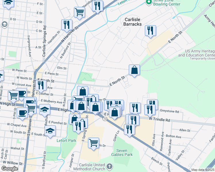 map of restaurants, bars, coffee shops, grocery stores, and more near 457 East North Street in Carlisle