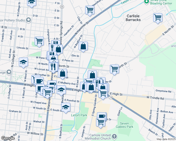 map of restaurants, bars, coffee shops, grocery stores, and more near 237 East North Street in Carlisle