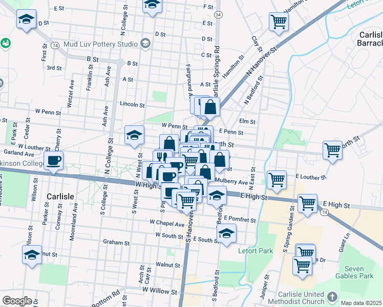 map of restaurants, bars, coffee shops, grocery stores, and more near 46 West North Street in Carlisle