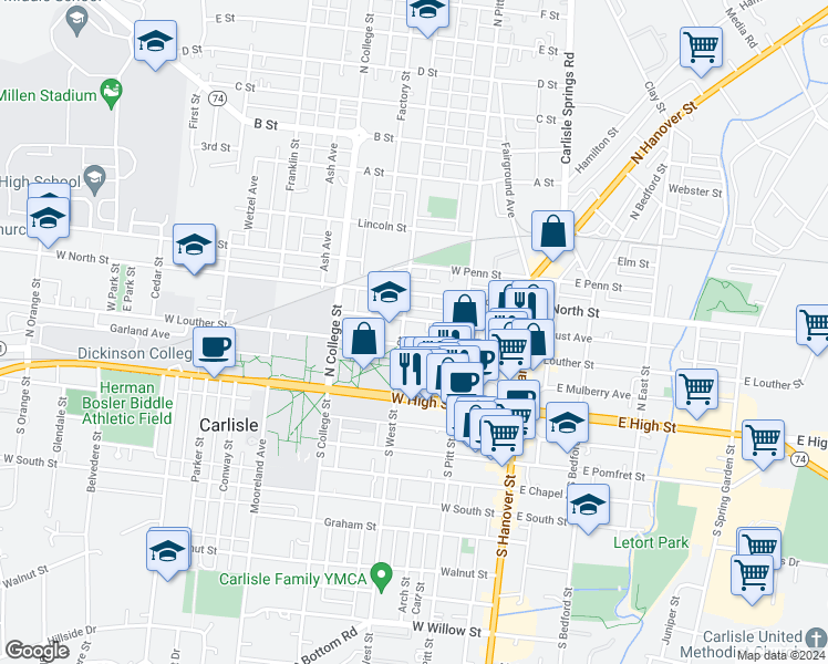 map of restaurants, bars, coffee shops, grocery stores, and more near 145 Frederick Avenue in Carlisle