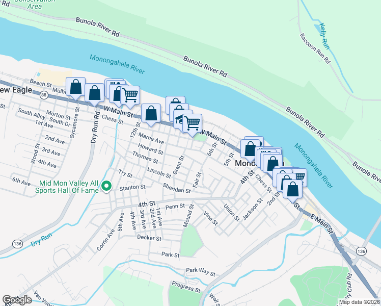map of restaurants, bars, coffee shops, grocery stores, and more near 728 Chess Street in Monongahela
