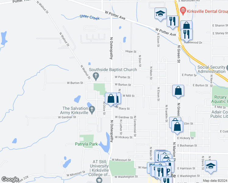 map of restaurants, bars, coffee shops, grocery stores, and more near 1124 North Osteopathy in Kirksville