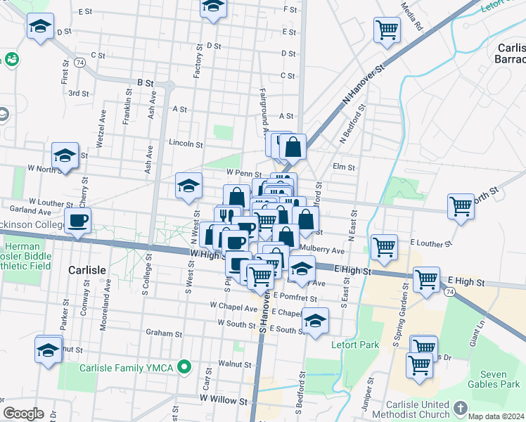 map of restaurants, bars, coffee shops, grocery stores, and more near 2 West Locust Avenue in Carlisle