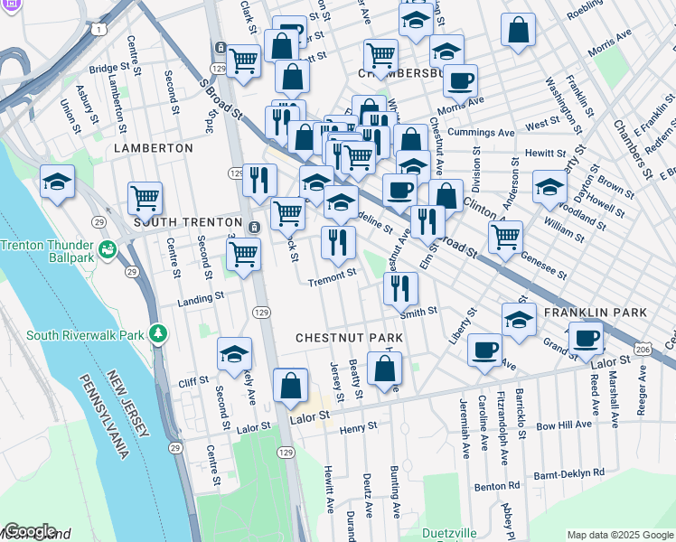 map of restaurants, bars, coffee shops, grocery stores, and more near 658 Beatty Street in Trenton