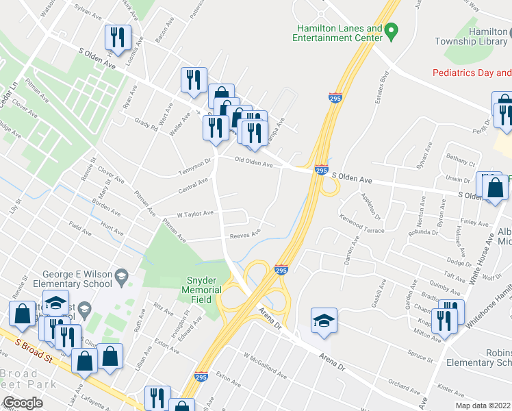 map of restaurants, bars, coffee shops, grocery stores, and more near 1731 South Olden Avenue in Hamilton Township