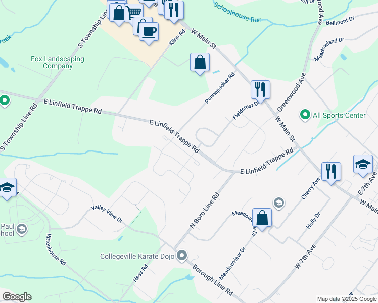 map of restaurants, bars, coffee shops, grocery stores, and more near 104 Aubrey Lane in Royersford