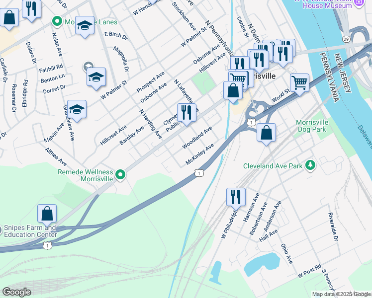 map of restaurants, bars, coffee shops, grocery stores, and more near 415 Woodland Avenue in Morrisville