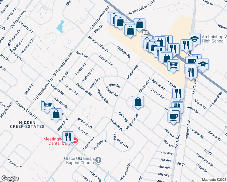 map of restaurants, bars, coffee shops, grocery stores, and more near 877 Walnut Road in Warminster