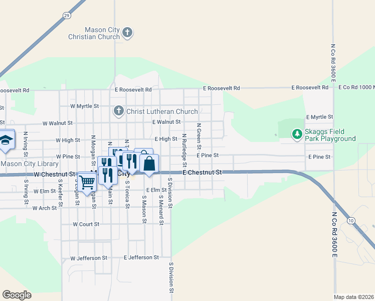 map of restaurants, bars, coffee shops, grocery stores, and more near 601-699 East High Street in Mason City
