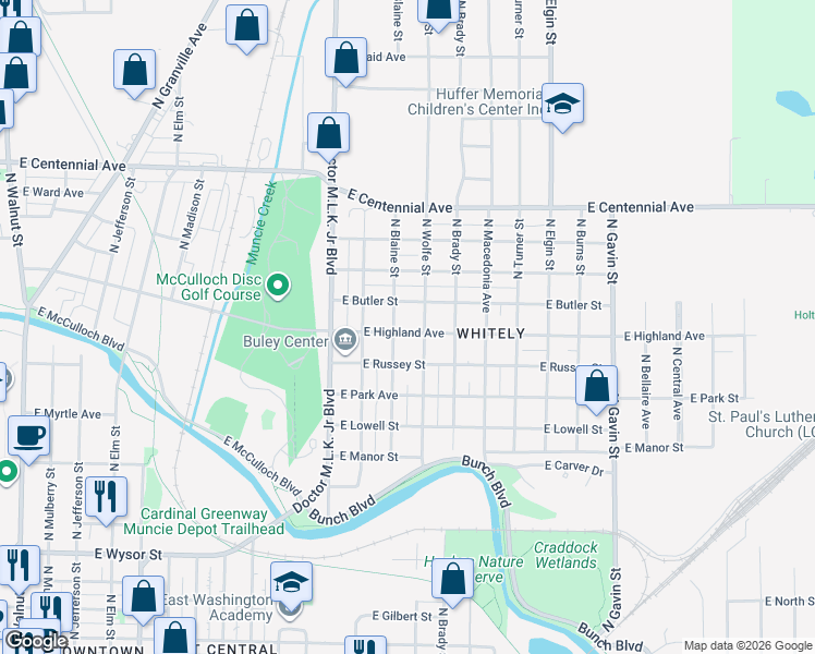 map of restaurants, bars, coffee shops, grocery stores, and more near 1407 East Butler Street in Muncie