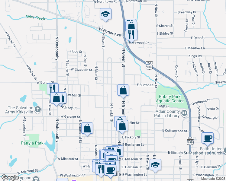 map of restaurants, bars, coffee shops, grocery stores, and more near 1224 North Franklin Street in Kirksville