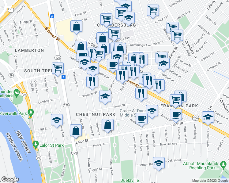 map of restaurants, bars, coffee shops, grocery stores, and more near 114 Elm Street in Trenton