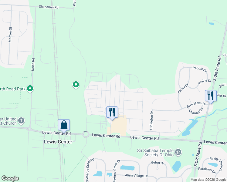 map of restaurants, bars, coffee shops, grocery stores, and more near Linden Street in Lewis Center