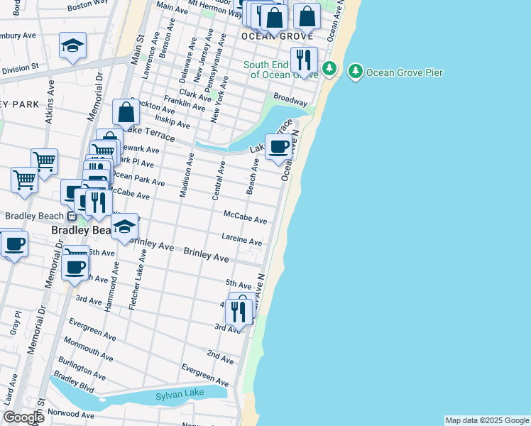 map of restaurants, bars, coffee shops, grocery stores, and more near 807 Ocean Avenue in Bradley Beach