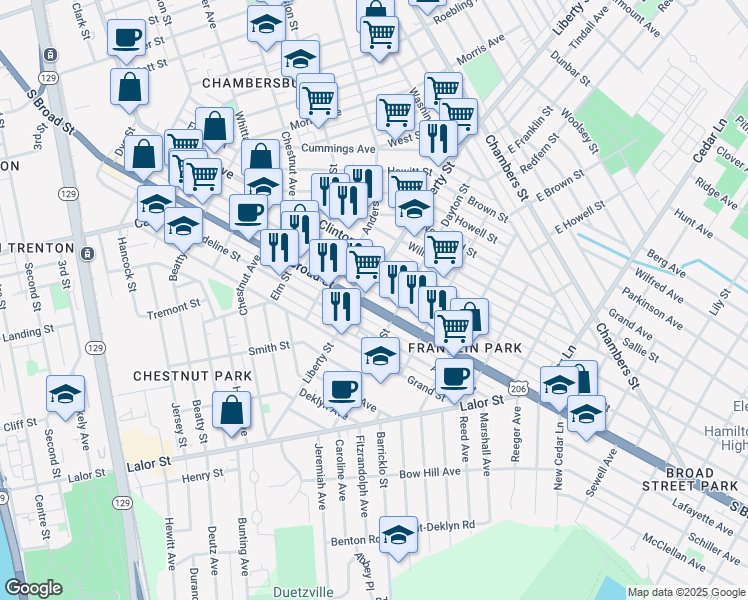 map of restaurants, bars, coffee shops, grocery stores, and more near 327 Liberty Street in Trenton