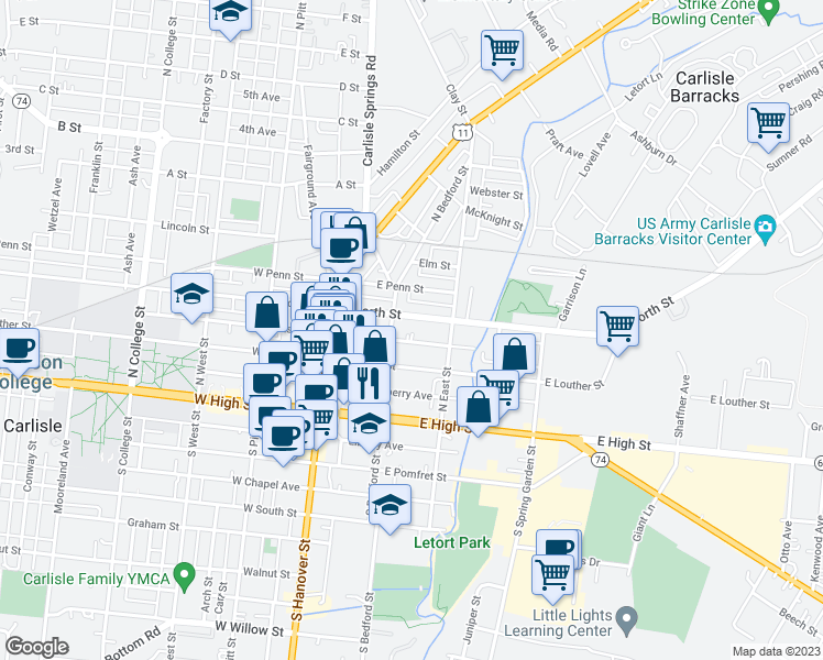 map of restaurants, bars, coffee shops, grocery stores, and more near 123 East North Street in Carlisle