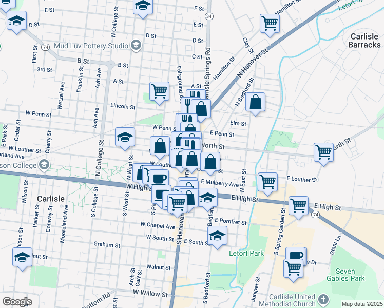 map of restaurants, bars, coffee shops, grocery stores, and more near 163 North Hanover Street in Carlisle