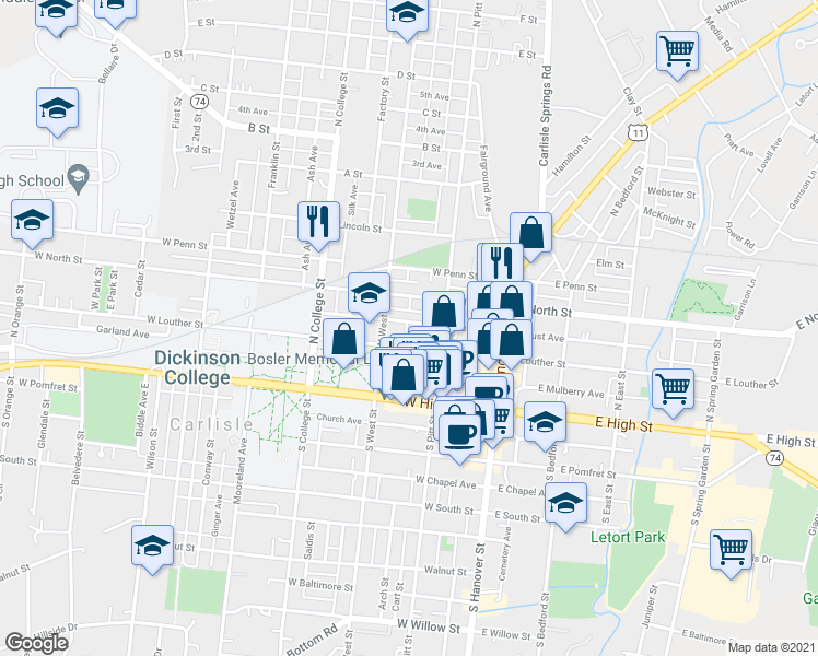 map of restaurants, bars, coffee shops, grocery stores, and more near 140 W Locust Ave in Carlisle