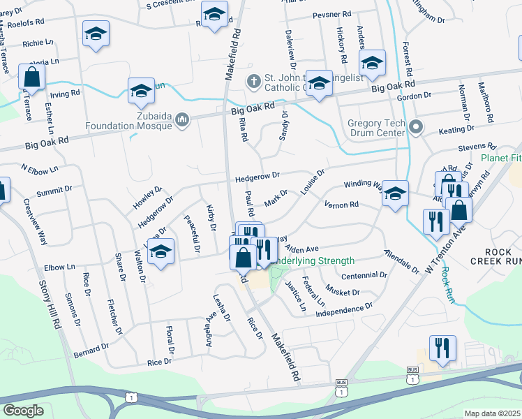 map of restaurants, bars, coffee shops, grocery stores, and more near 103 Mark Drive in Morrisville