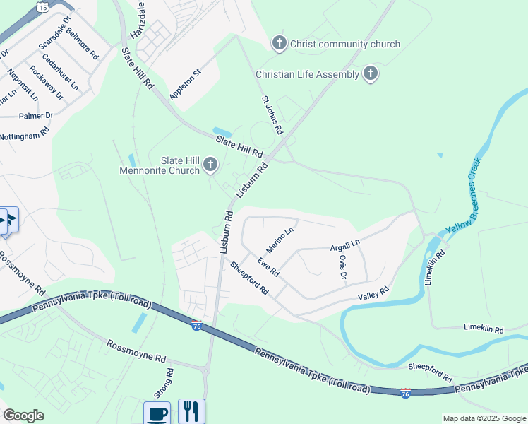 map of restaurants, bars, coffee shops, grocery stores, and more near 121 Ewe Road in Mechanicsburg