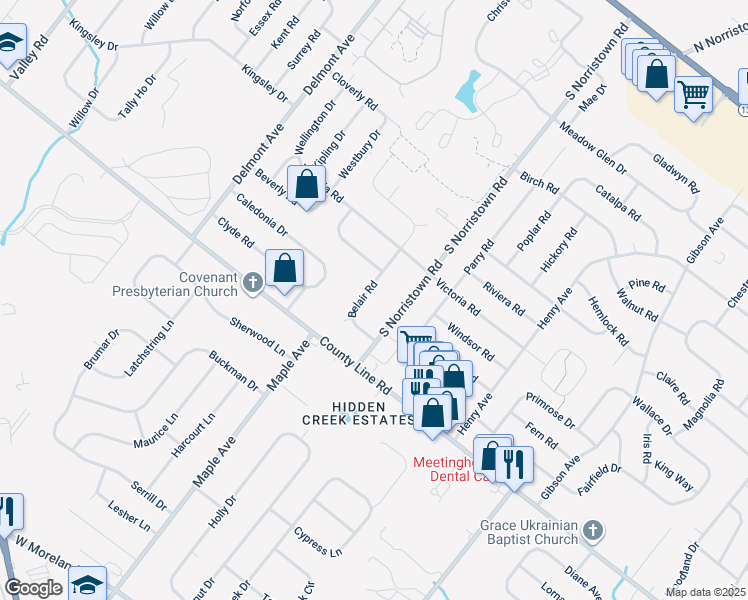 map of restaurants, bars, coffee shops, grocery stores, and more near 115 Belair Road in Warminster