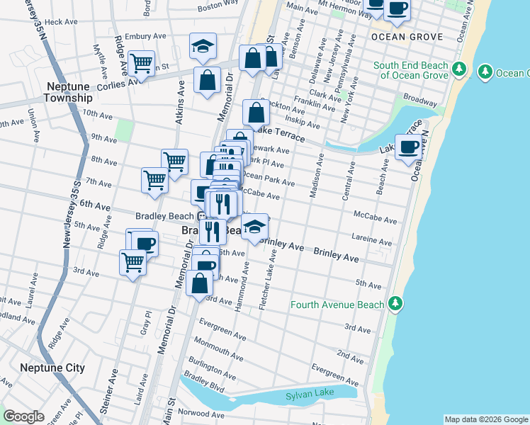 map of restaurants, bars, coffee shops, grocery stores, and more near 505 McCabe Avenue in Bradley Beach