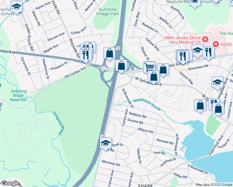 map of restaurants, bars, coffee shops, grocery stores, and more near 530 North Riverside Drive in Neptune Township