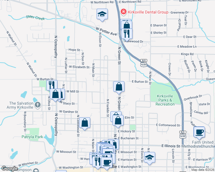 map of restaurants, bars, coffee shops, grocery stores, and more near 1224 N Franklin St in Kirksville