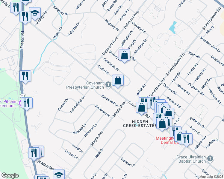 map of restaurants, bars, coffee shops, grocery stores, and more near 517 West County Line Road in Hatboro