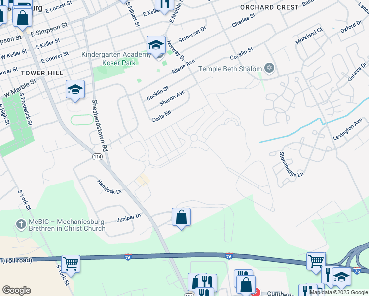 map of restaurants, bars, coffee shops, grocery stores, and more near 318 Edge Towne Lane in Mechanicsburg