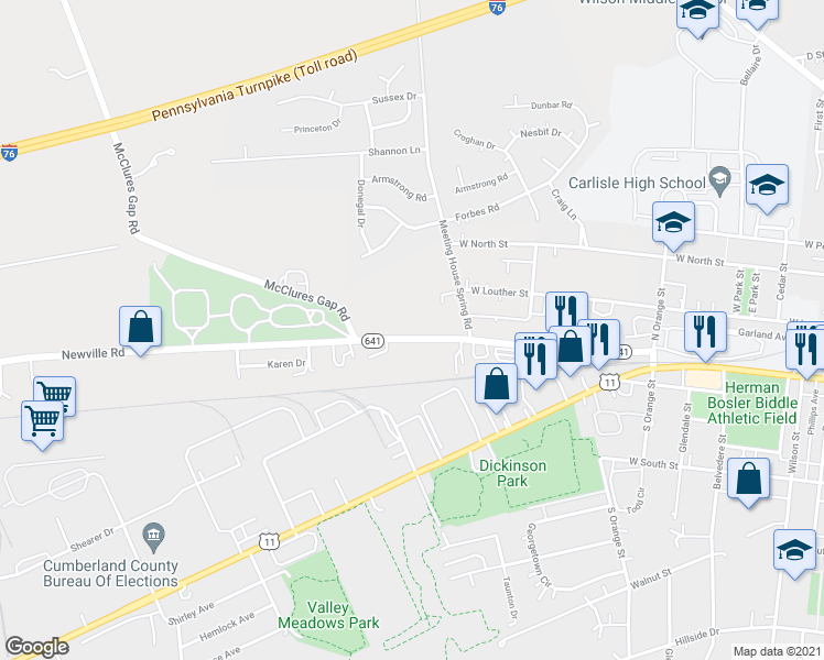 map of restaurants, bars, coffee shops, grocery stores, and more near 1043 Newville Road in Carlisle