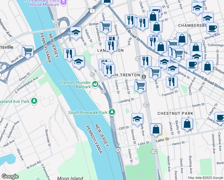 map of restaurants, bars, coffee shops, grocery stores, and more near 531 Centre Street in Trenton