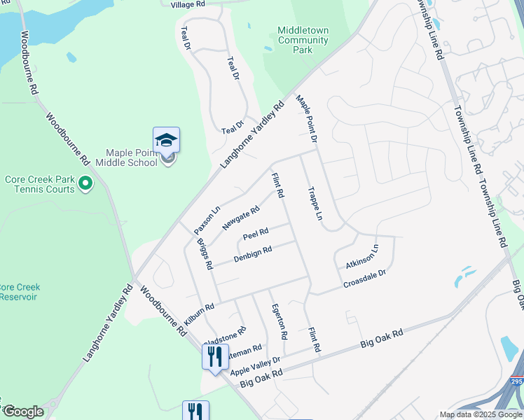 map of restaurants, bars, coffee shops, grocery stores, and more near 244 Newgate Road in Langhorne