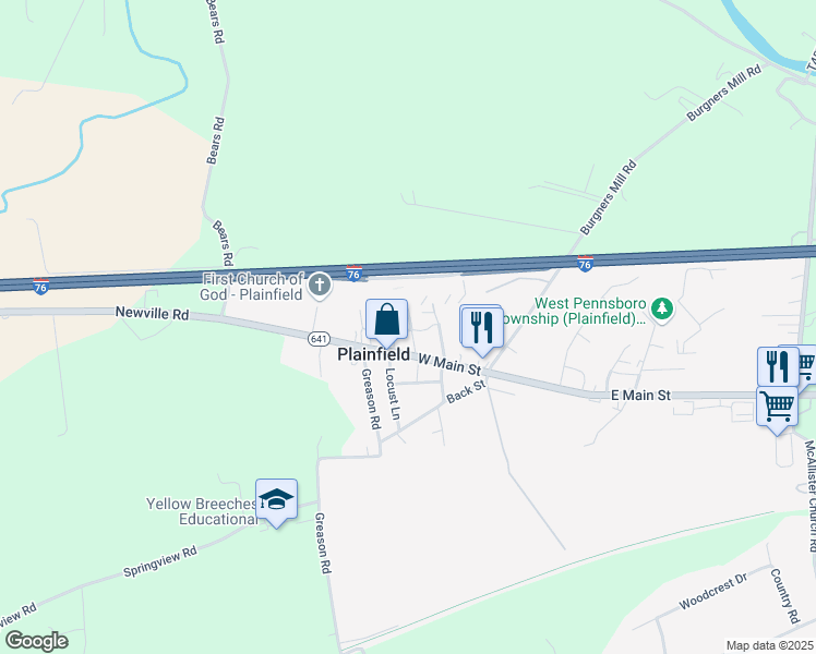 map of restaurants, bars, coffee shops, grocery stores, and more near in Plainfield