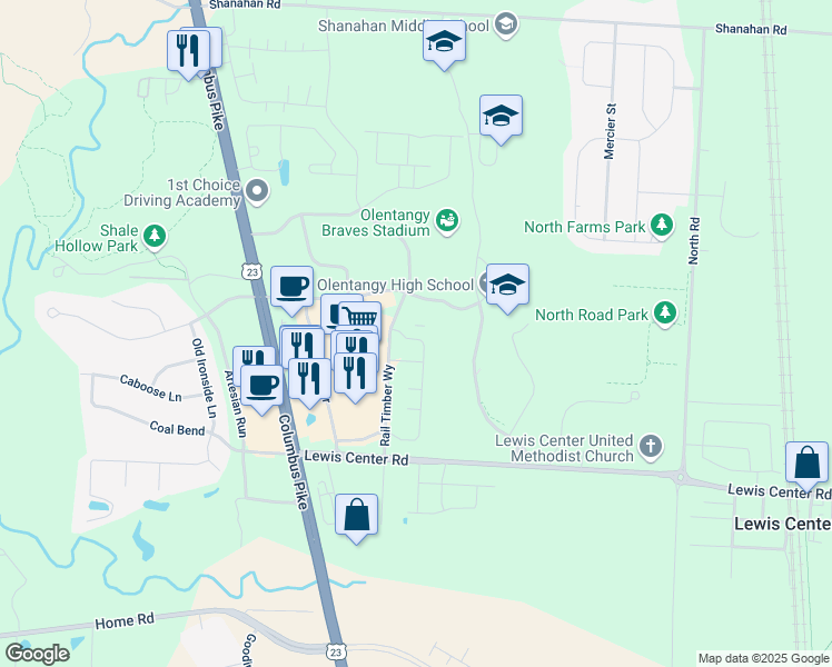 map of restaurants, bars, coffee shops, grocery stores, and more near 6233 Rail Timber Way in Lewis Center