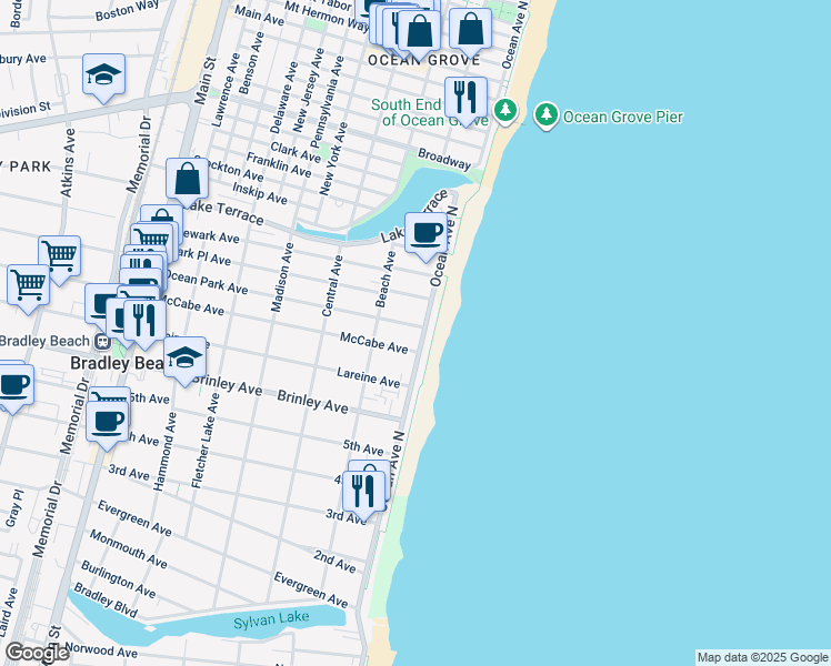 map of restaurants, bars, coffee shops, grocery stores, and more near 807 Ocean Avenue in Bradley Beach