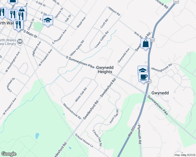 map of restaurants, bars, coffee shops, grocery stores, and more near 203 Oakland Place in North Wales