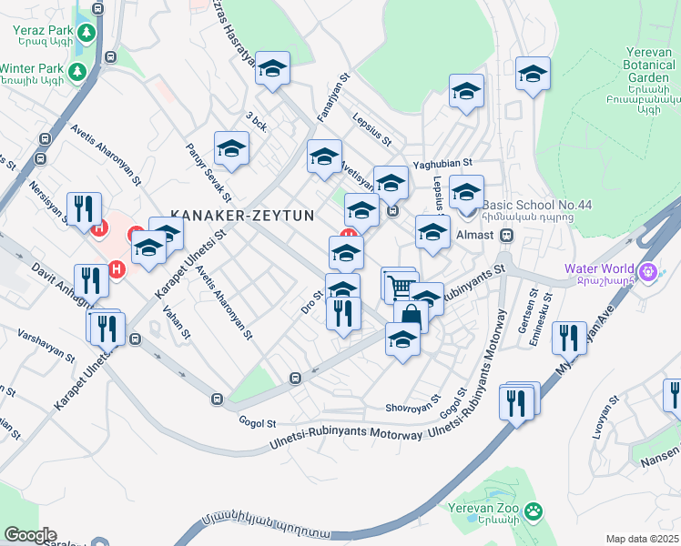 map of restaurants, bars, coffee shops, grocery stores, and more near Dro Street in Yerevan
