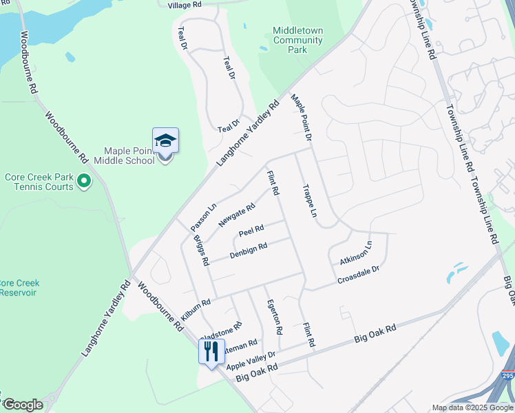 map of restaurants, bars, coffee shops, grocery stores, and more near 244 Newgate Road in Langhorne
