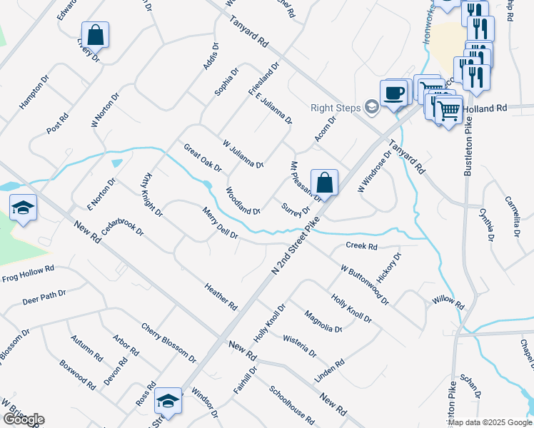 map of restaurants, bars, coffee shops, grocery stores, and more near 67 Woodland Drive in Bucks County