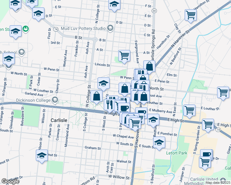 map of restaurants, bars, coffee shops, grocery stores, and more near 140 W Locust Ave in Carlisle