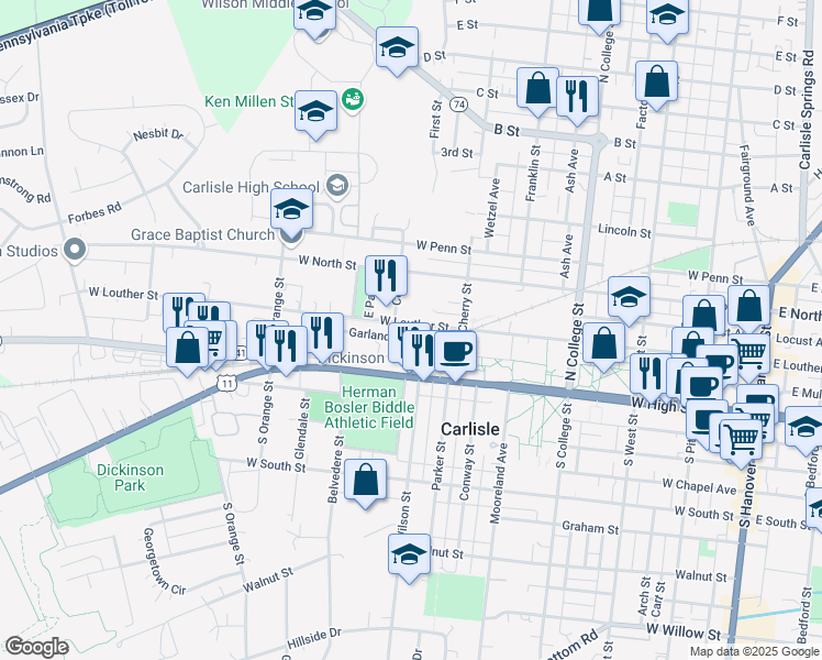 map of restaurants, bars, coffee shops, grocery stores, and more near 570 West Louther Street in Carlisle