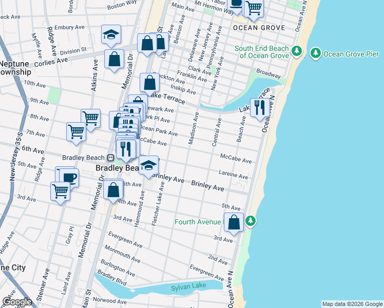 map of restaurants, bars, coffee shops, grocery stores, and more near 314 McCabe Avenue in Bradley Beach