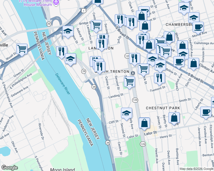 map of restaurants, bars, coffee shops, grocery stores, and more near 531 Centre Street in Trenton