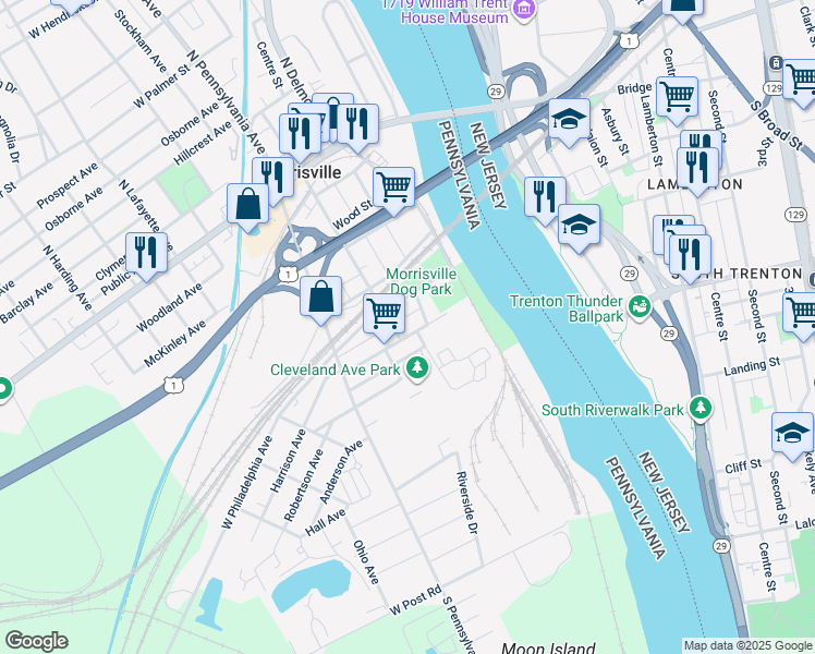 map of restaurants, bars, coffee shops, grocery stores, and more near 115 East Philadelphia Avenue in Morrisville