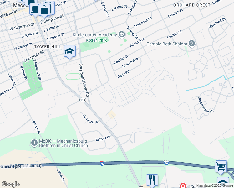 map of restaurants, bars, coffee shops, grocery stores, and more near 487 East Elmwood Avenue in Mechanicsburg