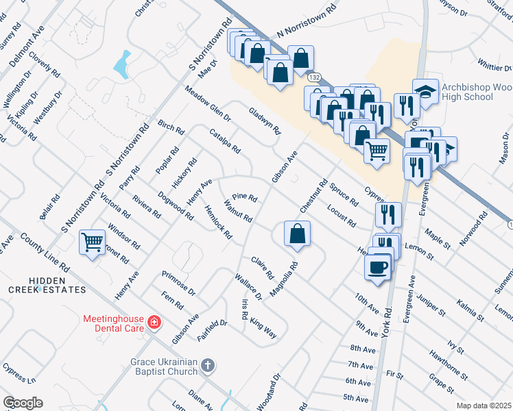 map of restaurants, bars, coffee shops, grocery stores, and more near 866 Pine Road in Warminster