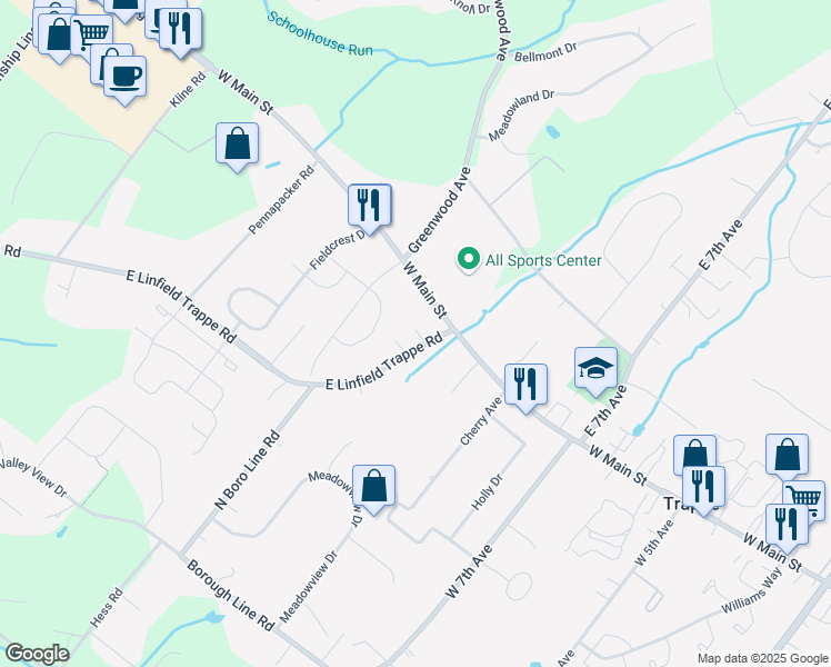 map of restaurants, bars, coffee shops, grocery stores, and more near 111 East Linfield Trappe Road in Royersford