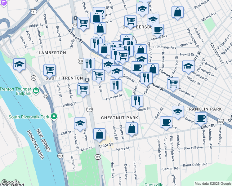 map of restaurants, bars, coffee shops, grocery stores, and more near 656 Beatty Street in Trenton